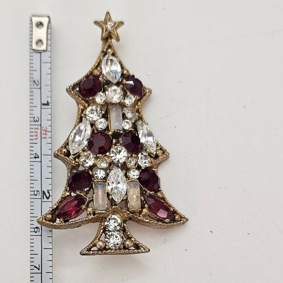 Regency Gold Tone Red Clear Rhinestone Christmas Tree Brooch Signed, J5 - Picture 10 of 11